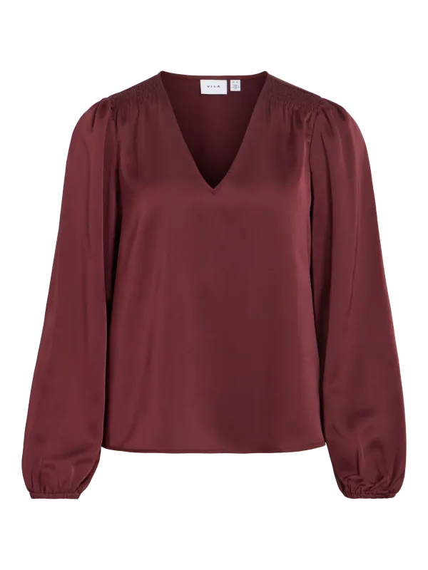 Vila Viellette Satengbluse V-Hals Burgunder