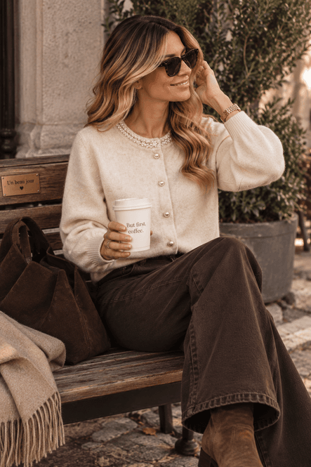 Hovedbilde Freequent Grsflirt Cardigan Creme Perledetaljer