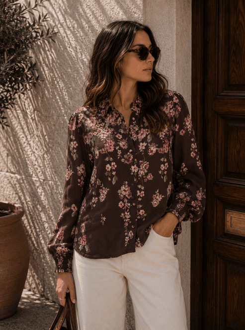 Hovedbilde Vila Vielma Balo-Neck Blomstrete Bluse Brun ...